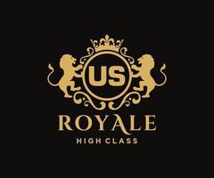 Golden Letter US template logo Luxury gold letter with crown. Monogram alphabet . Beautiful royal initials letter. vector