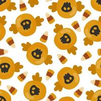 Halloween sweets, caramel and candy corn decorated with skull vector seamless pattern