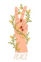 hand showing the peace sign surrounded by flowers. Vector cartoon illustration