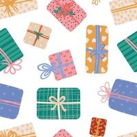 cajas de regalo con cinta y lazos de patrones sin fisuras de diferentes formas y tamaños. regalos en papel de regalo festivo para vacaciones de navidad o cumpleaños. venta, concepto de compras. textura vectorial vector