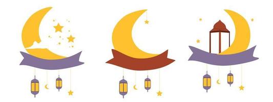 Set of Crescent Moon and Lantern Islamic Decoration vector