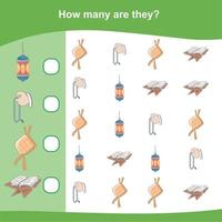 How many are they game. Counting Ramadhan items for preschool. Cute math worksheet. Educational printable math worksheet. Count items in the picture and write the result. vector