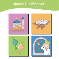 Cute Islamic image flashcards. Islamic flashcards collections. Colorful printable flashcards for preschool Educational printable game cards. Vector illustration.