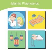 Cute Islamic image flashcards. Islamic flashcards collections. Colorful printable flashcards for preschool Educational printable game cards. Vector illustration.