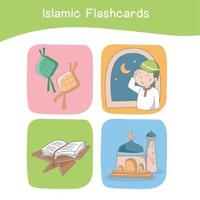 Cute Islamic image flashcards. Islamic flashcards collections. Colorful printable flashcards for preschool Educational printable game cards. Vector illustration.