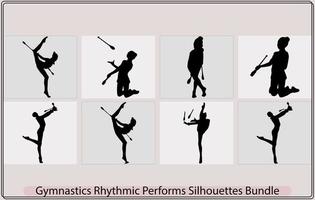 Set of gymnastics rhythmic performs silhouettes,gymnastics rhythmic performs silhouette sport vector illustration,gymnastics rhythmic performs