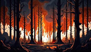 realistic cartoon illustration of forest on fire and full of smoke, photo