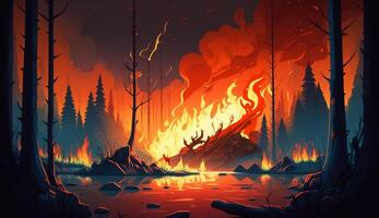 realistic cartoon illustration of forest on fire and full of smoke, photo