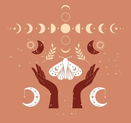Vector illustration of henna mystic mudra hands, moon and stars. Aztec stile, tribal art, ethnic collection, design isolated on beige background.