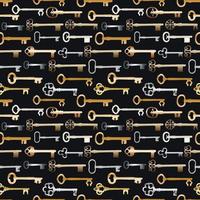 Vintage seamless pattern with different antique keys in gold and silver metal on black background. vector