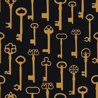 Vintage seamless pattern with different antique keys in gold metal on black background. vector