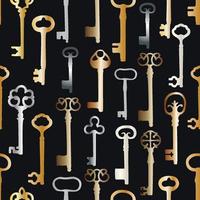 Vintage seamless pattern with different antique keys in gold and silver metal on black background. vector