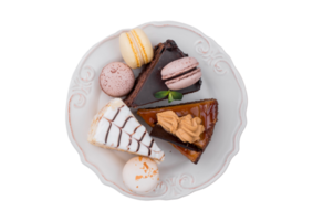 White plate with three differents types of desserts isolate on a transparent background png