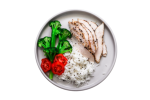 White plate with turkey, rice and salad isolated on a transparent background png