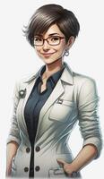 ultra realistic illustration of a short haired Japanese female doctor posing with a smile, photo