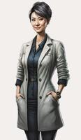 ultra realistic illustration of a short haired Japanese female doctor posing with a smile, photo