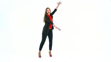 Woman in the studio on a white background shows gestures. Copyspace for text video