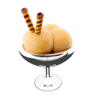 3d Rendern vier Schaufeln von Eis Sahne im ein Glas Symbol. 3d machen Vanille Eis Sahne mit zwei Waffel Stöcke Symbol. png