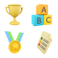 3D rendering golden cup, A B C blocks, first place medal with star and answer paper icon set. 3d render competitions and development icon set. png