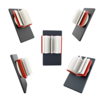 3d rendering eBook icon set. 3d render read a book on your phone different positions icon set.. png