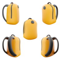 3d rendering yellow school bag icon set. 3d render bag for school books and items different positions icon set. png