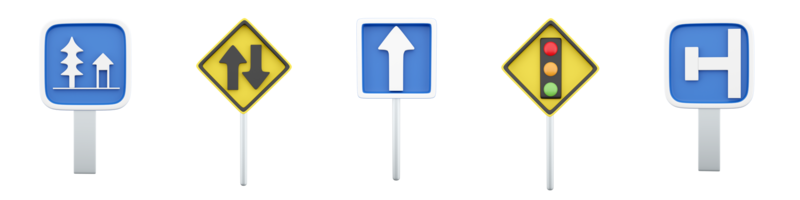 3d rendering One way, two way, resting place, dead end on the left, traffic light regulation road sign icon set. 3d render road sign concept icon set. png