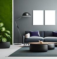 vivo habitación interior Bosquejo, mueble y decorativo de moda flor y plantas, blanco sofá y sillón, natural elementos y minimalismo 3d hacer . ai generativo foto