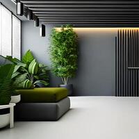 vivo habitación interior Bosquejo, mueble y decorativo de moda flor y plantas, blanco sofá y sillón, natural elementos y minimalismo 3d hacer . ai generativo foto