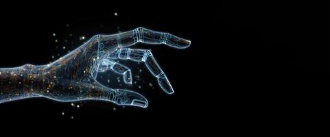 Artificial intelligence hand on dark background. Digital hologram. Futuristic concept. photo