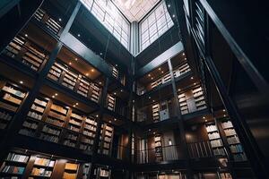 Interior of library with many bookshelves. photo