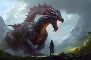 Man stands in front of huge dragon, fantasy world. photo