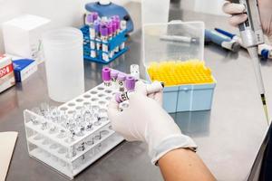 científico preparando hueso médula muestras para fluir citométrico análisis en el laboratorio. foto