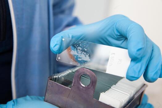 Scientist placing slides with paraffin embedded tissue samples into a slide staining rack. Fluorescent Immunohistochemistry staining of paraffin-embedded tissue sections. photo
