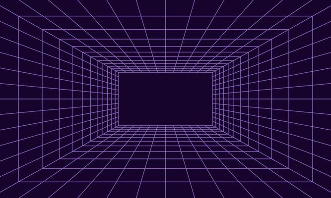 Grid room in perspective in 3d style. Indoor wireframe from  violet laser beam,  digital empty box. Abstract geometric design