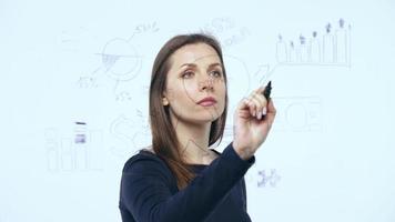 Woman draws various growth charts, calculating prospects for success in a modern glass office video