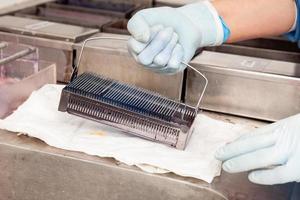 Scientist staining microscope slides for cytology studies in the laboratory. photo