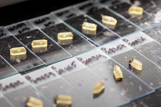 Closeup of epoxy embedded tissue samples ready to be cut using an ultramicrotome to be studied at the electron microscope photo