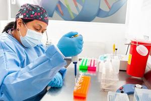 Female scientist extracting DNA using the spin column-based nucleic acid purification technique photo