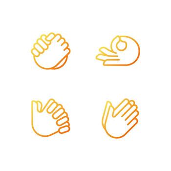 Gestures communication pixel perfect gradient linear vector icons set. Hand signals. Expression and greeting. Thin line contour symbol designs bundle. Isolated outline illustrations collection