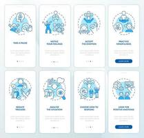 Emotional regulation blue onboarding mobile app screen set. Walkthrough 4 steps editable graphic instructions with linear concepts. UI, UX, GUI template vector