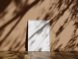 Minimal picture poster frame mockup on wooden floor with shadow photo