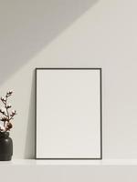 Empty poster frame mockup in sunlight with shadow and vase photo