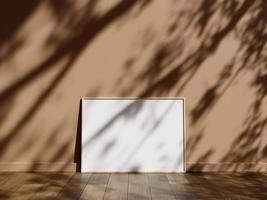 Minimal picture poster frame mockup on wooden floor with shadow photo