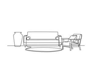 Continuous one line drawing Interior of the living room with sofa and decoration accessories. Living room concept. Single line draw design vector graphic illustration.