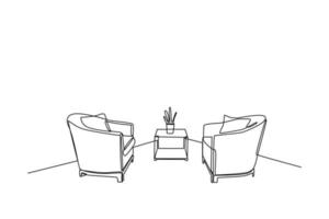 Continuous one line drawing Interior of the living room with sofa and decoration accessories. Living room concept. Single line draw design vector graphic illustration.