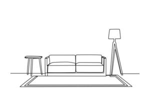 Continuous one line drawing Interior of the living room with sofa and decoration accessories. Living room concept. Single line draw design vector graphic illustration.