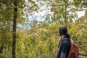 Man got journey on the forest going to peak mountain on Semarang Central Java. The photo is suitable to use for adventure content media, nature poster and forest background.