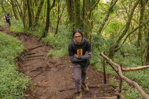 Man got journey on the forest going to peak mountain on Semarang Central Java. The photo is suitable to use for adventure content media, nature poster and forest background.