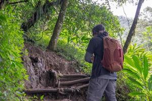 Man got journey on the forest going to peak mountain on Semarang Central Java. The photo is suitable to use for adventure content media, nature poster and forest background.