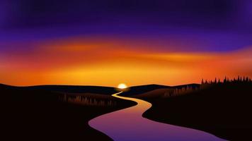 River sunset illustration. Vibrant colorful sky over a river and hills vector